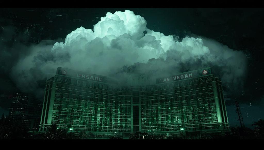 Green-tinted night view of a Las Vegas casino building covered by a massive glowing cloud above the rooftop.