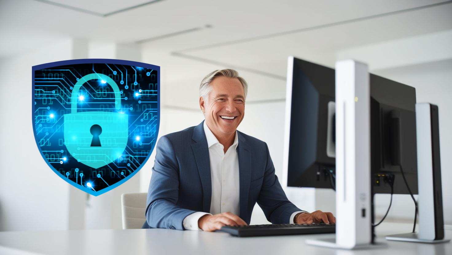Small business owner using a laptop securely, with cybersecurity icons like a lock and shield overlayed on the screen.