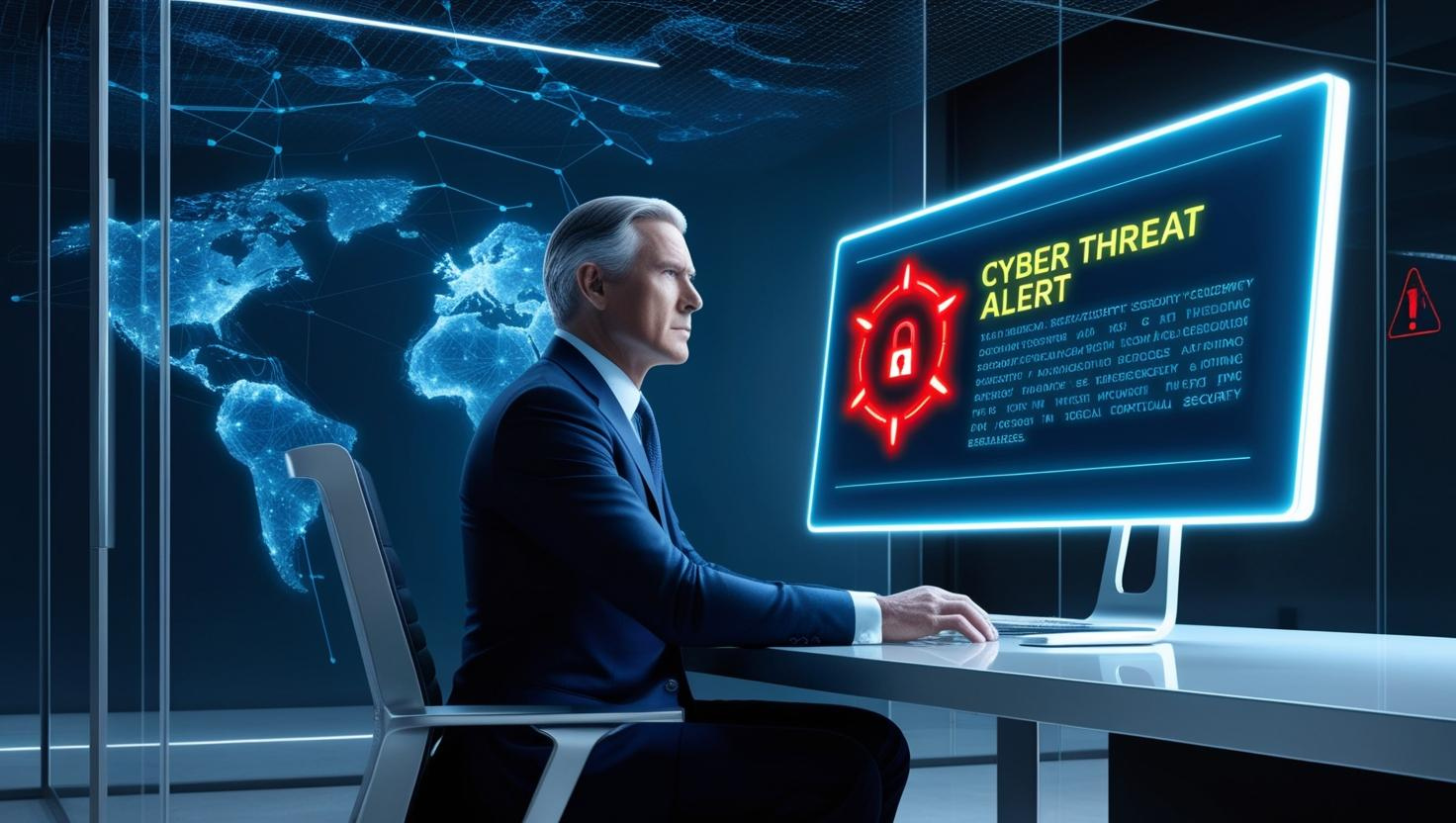 A CEO analyzing a digital cybersecurity dashboard with warning alerts on a supply chain network, symbolizing hidden cyber threats from third-party vendors.