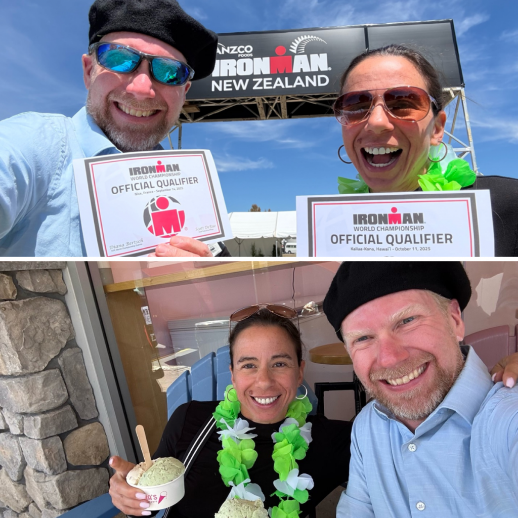 Nathan Whittacre and Joyce Forier holding Ironman World Championship qualifier certificates at Ironman New Zealand, followed by a celebration with ice cream.