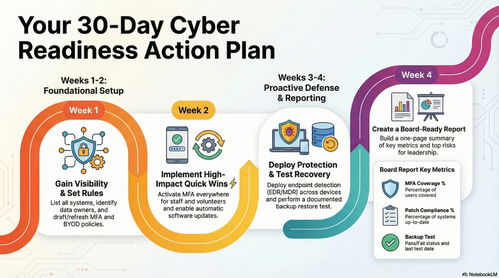 Infographic showing a 30-day cyber readiness action plan with weekly steps and key board metrics