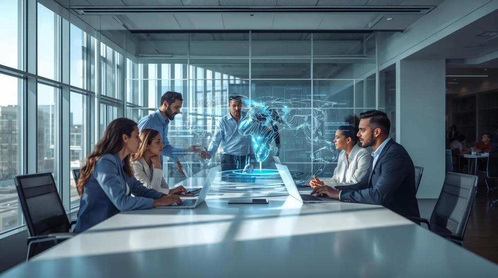 Team in a modern office reviewing an AI dashboard during a strategy meeting on automation and data security.