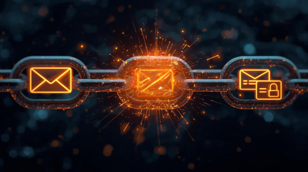 Supply chain cybersecurity showing vendor risk as a broken link affecting a small business.