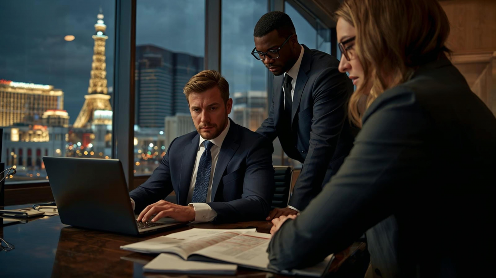 Three legal professionals reviewing documents and a laptop in a Las Vegas office with the Strip skyline in the background.
