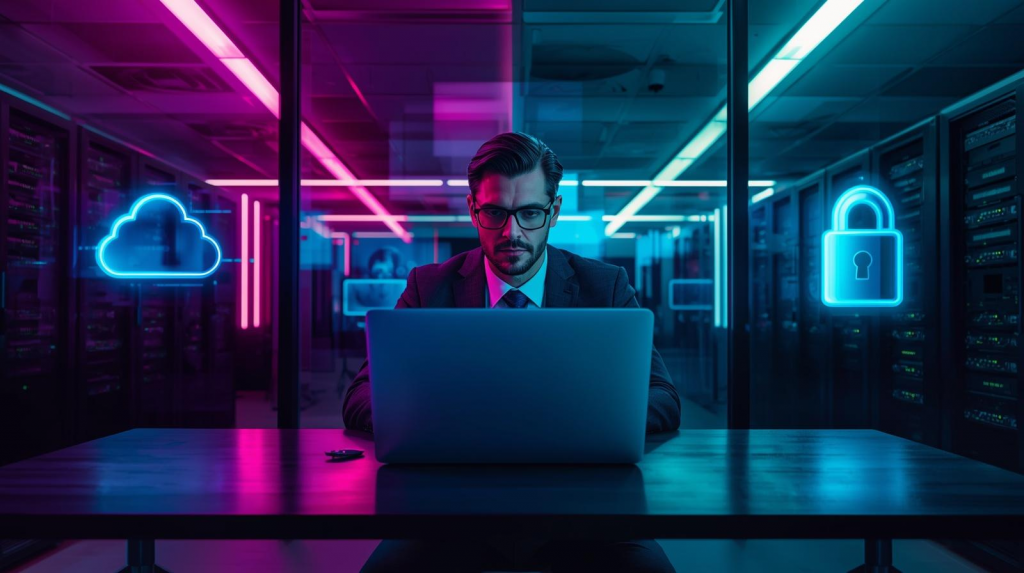 Business professional working on a laptop in a server room, with glowing cloud and padlock icons representing secure cloud computing.