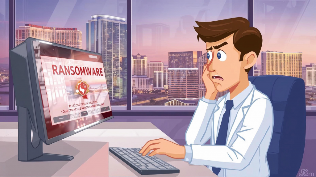 Illustration of a worried dentist in a Las Vegas office looking at a computer screen showing a ransomware attack warning.