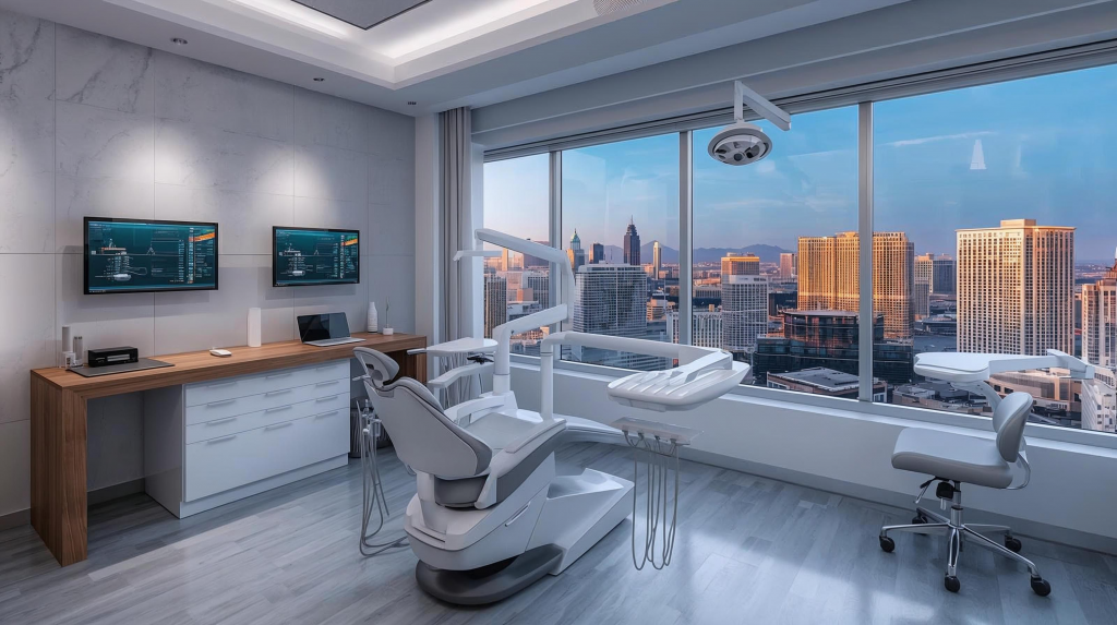 Modern dental office in Las Vegas with a treatment chair, digital monitors, and floor-to-ceiling skyline views.