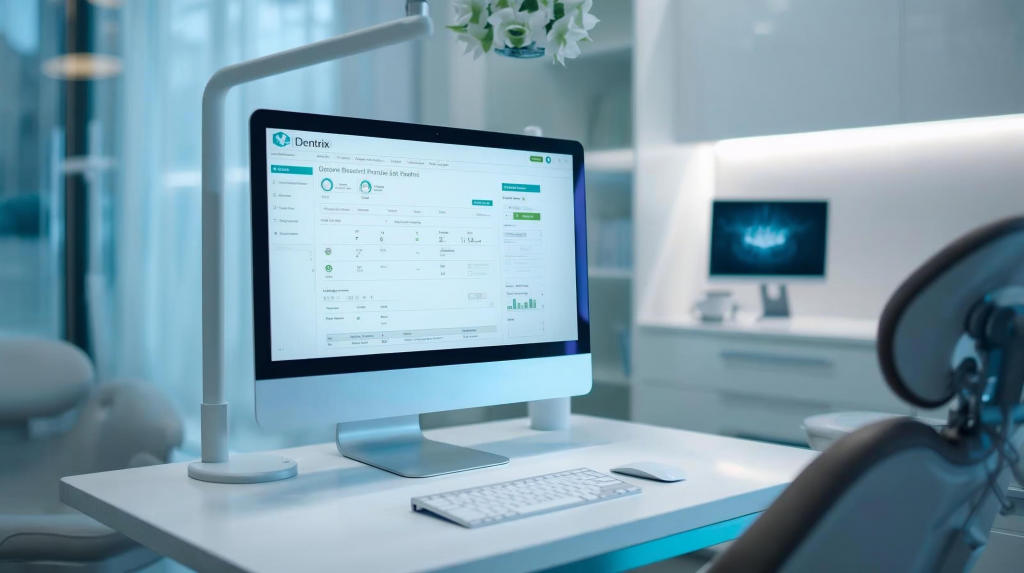 Computer monitor displaying Dentrix software in a modern dental treatment room