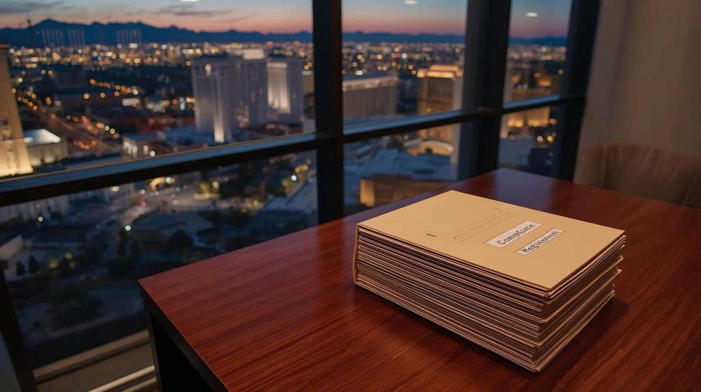 Stack of compliance folders on a conference table in a Las Vegas law office overlooking the city at dusk