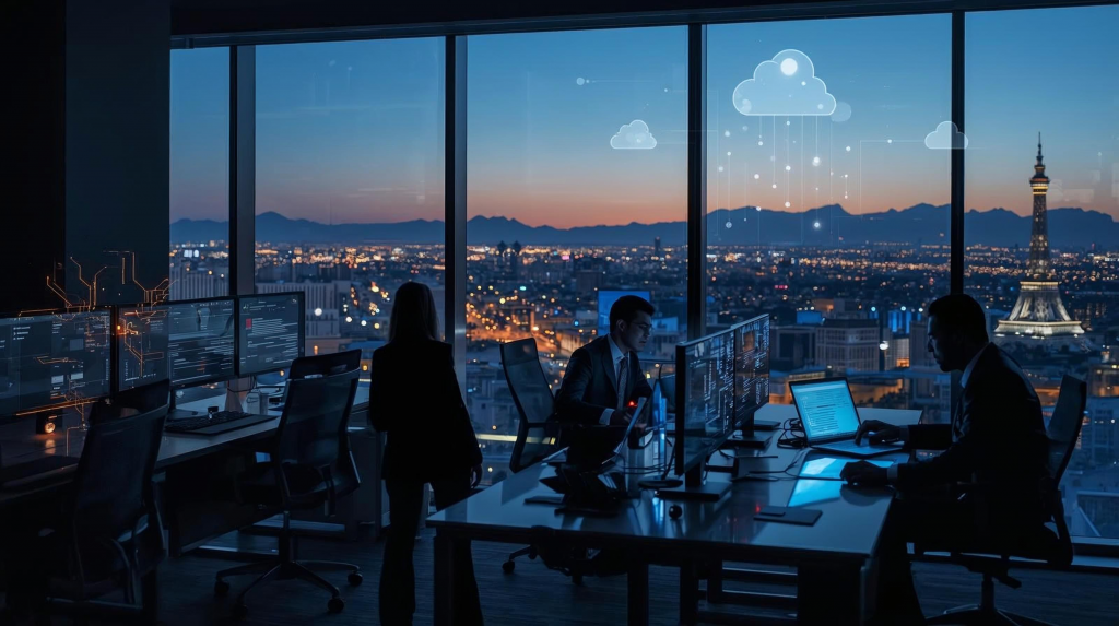 Modern Las Vegas law office with IT systems, cloud security, and city skyline view