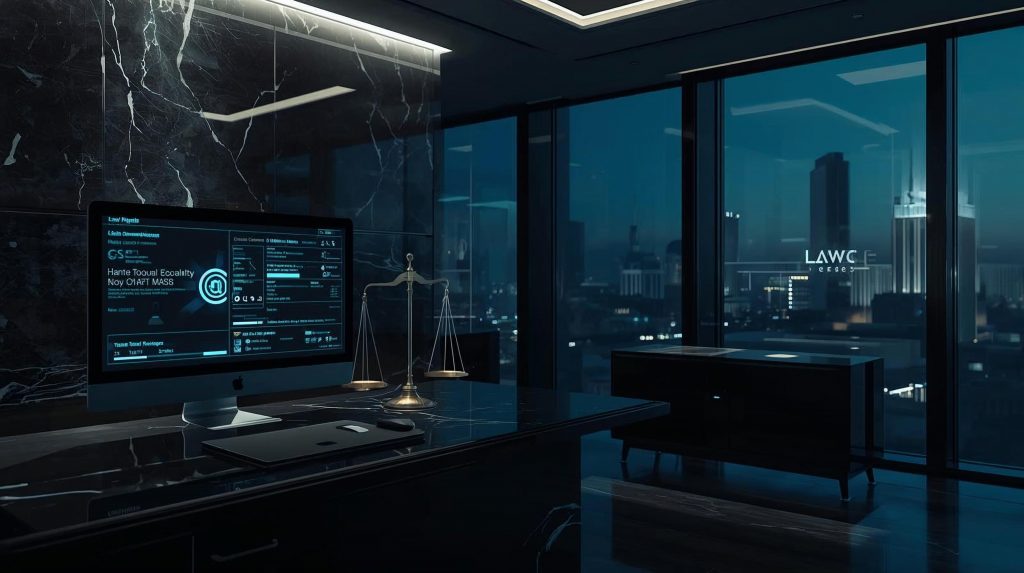 Modern law firm office at night with a computer displaying an AI interface and scales of justice on the desk.