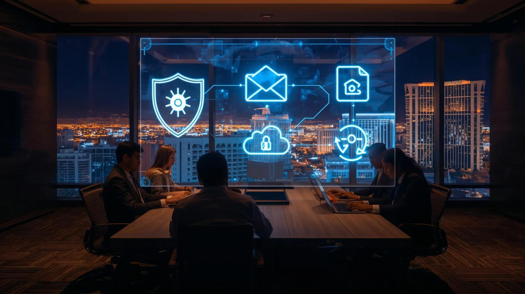 Las Vegas law firm conference room with cybersecurity icons showing ransomware protection, secure email, cloud backup, and data security