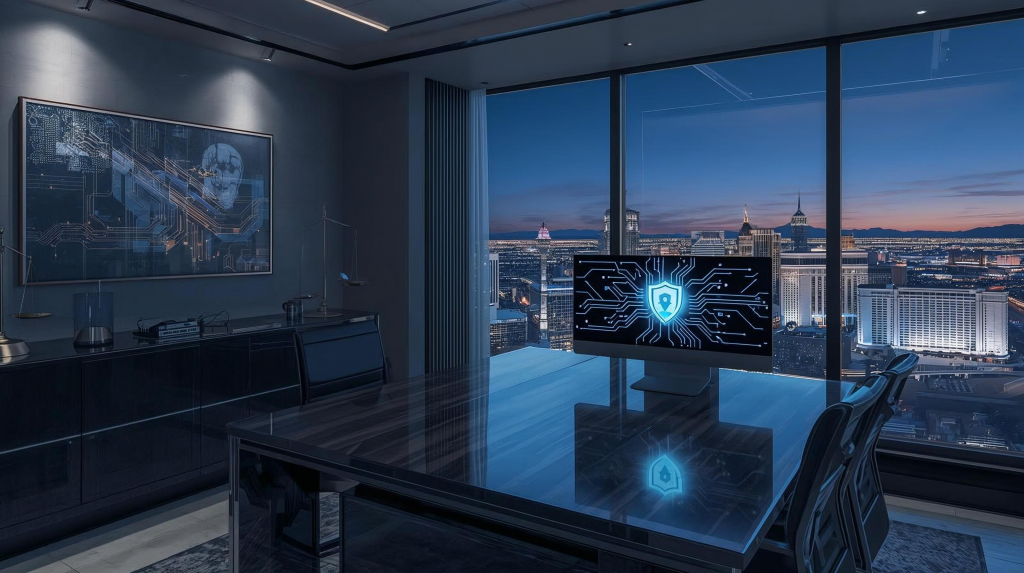 Las Vegas law office with cybersecurity shield on screen, representing data protection and client confidentiality.