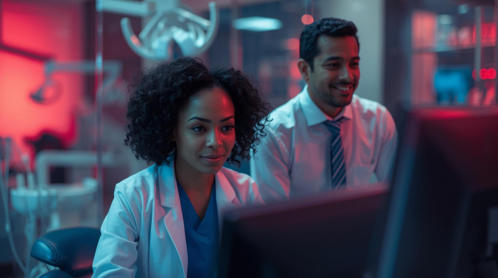 Dental professional and business staff member reviewing information on a computer in a modern dental office with a calm, technology-focused setting.