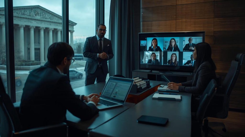 Attorneys using secure cloud technology and remote work tools in a modern law firm