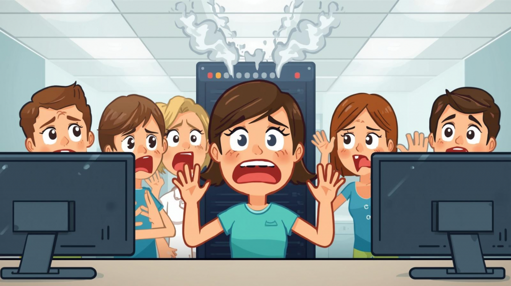 Cartoon illustration of a dental office staff panicking as a smoking server crashes during work hours, with computer monitors in the foreground and worried team members in the background.