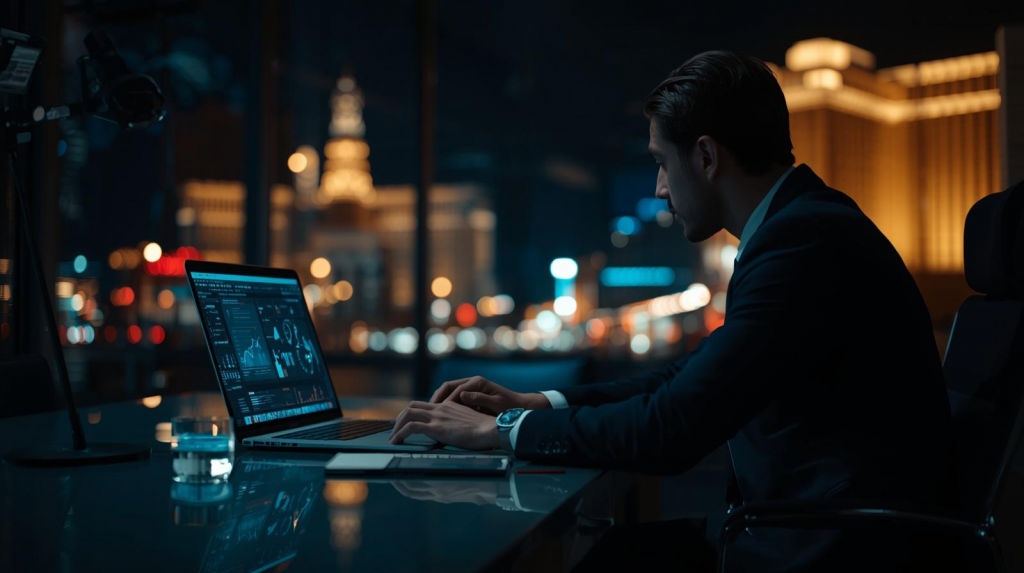 Attorney working on a laptop in a Las Vegas office at night with city lights visible through the window