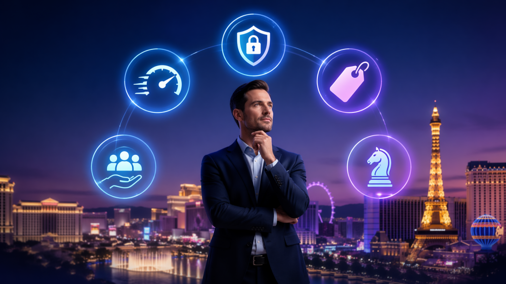 Business owner evaluating IT support providers in Las Vegas with icons representing response time, cybersecurity, pricing, service coverage, and IT strategy