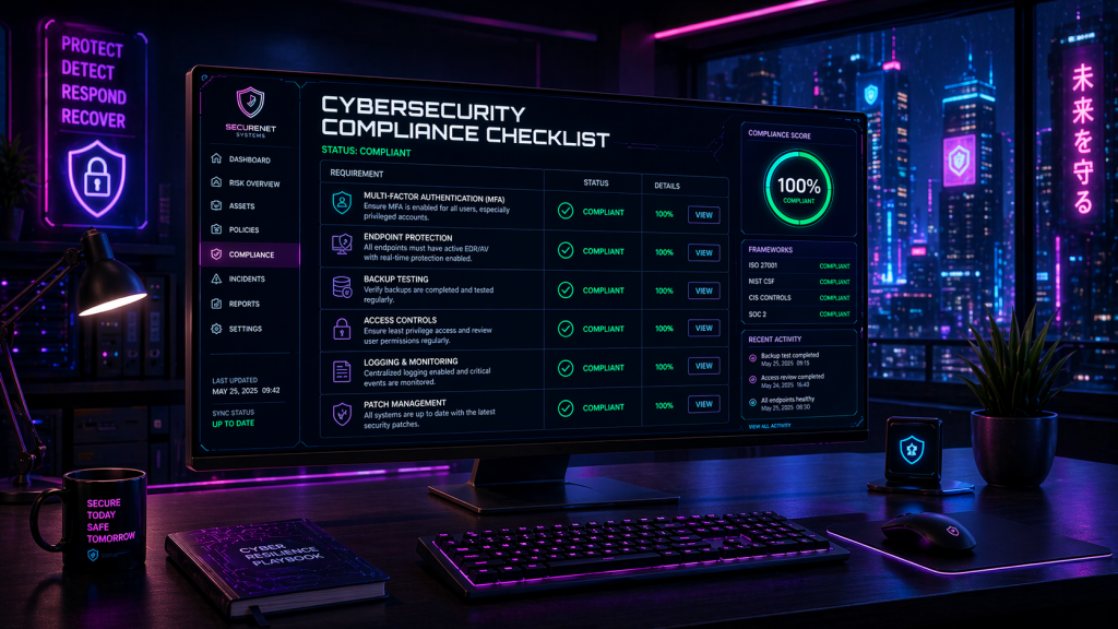 Monitor displaying a cybersecurity compliance checklist and security dashboard in a neon-lit office workspace
