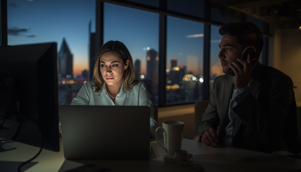 Nonprofit staff in a Las Vegas office getting after-hours IT support for a computer issue.