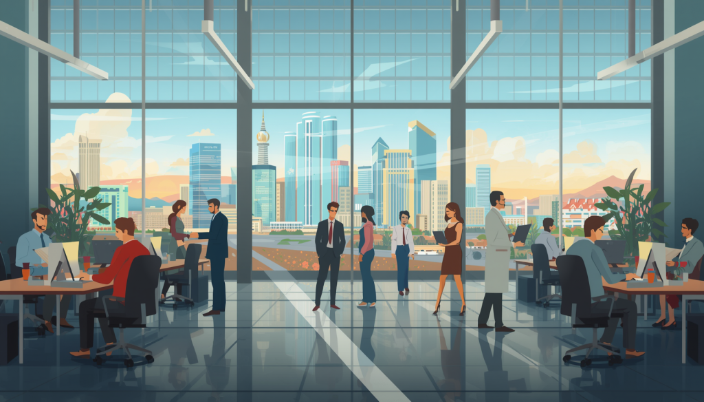 Las Vegas business office using fully managed IT services with employees collaborating in a modern workspace