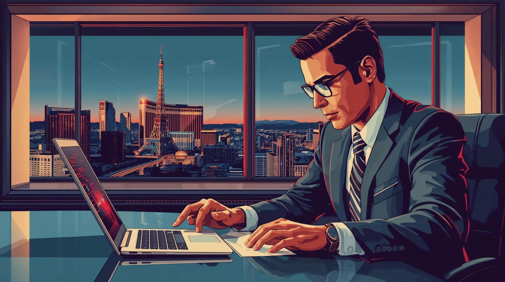 Illustrated image of a Las Vegas attorney working on a laptop in a high-rise office, with the Las Vegas Strip and Eiffel Tower visible through the window.