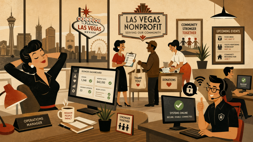 Cartoon illustration of nonprofit IT support in Las Vegas with donor dashboard, cybersecurity icons, and helpdesk technician assisting staff