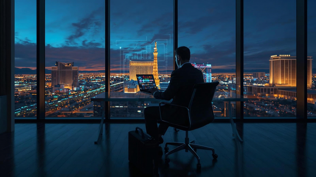 Attorney working on a laptop in a high-rise Las Vegas office overlooking the Strip at night