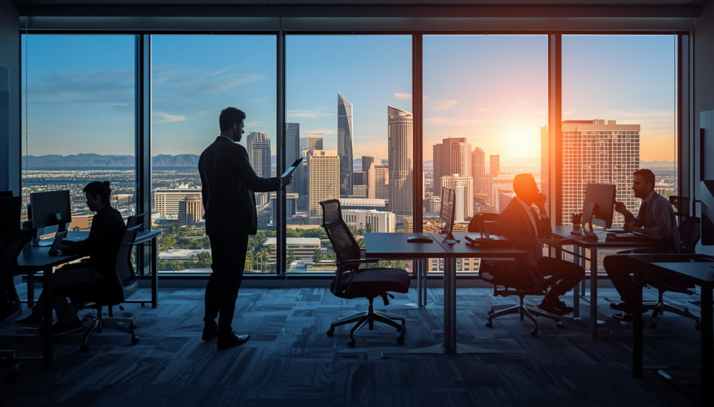Modern Las Vegas office with professionals working at desks beside floor-to-ceiling windows overlooking the city skyline at sunset.