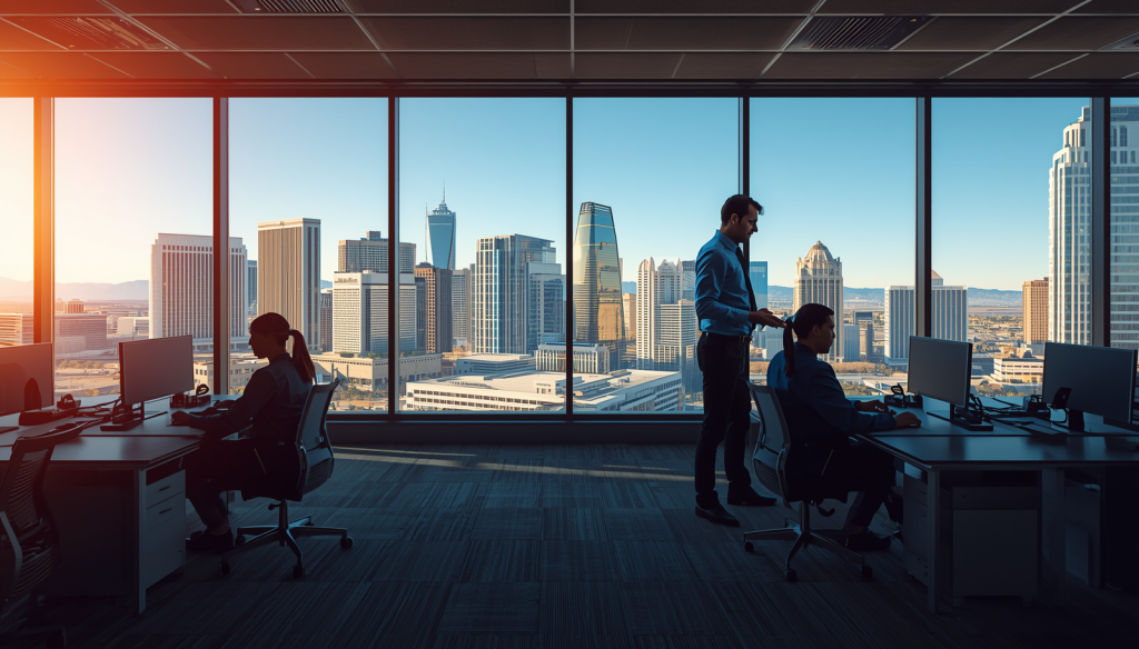 Modern Las Vegas office with employees at computer workstations and an IT support professional assisting a team member in front of large windows overlooking the city skyline.