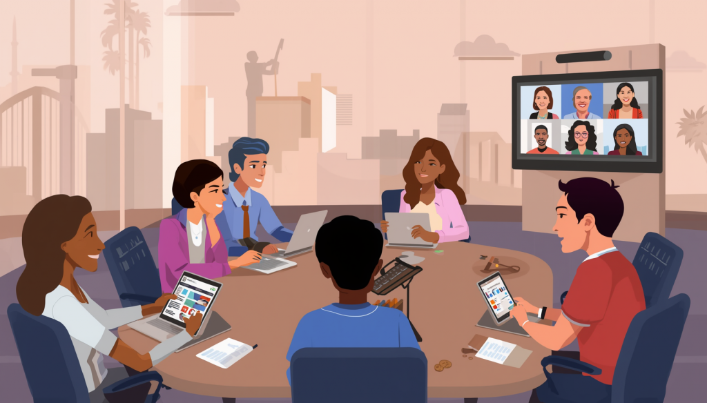 Illustration of a diverse nonprofit team meeting in a Las Vegas office with laptops, tablets, and remote staff joining by video call.
