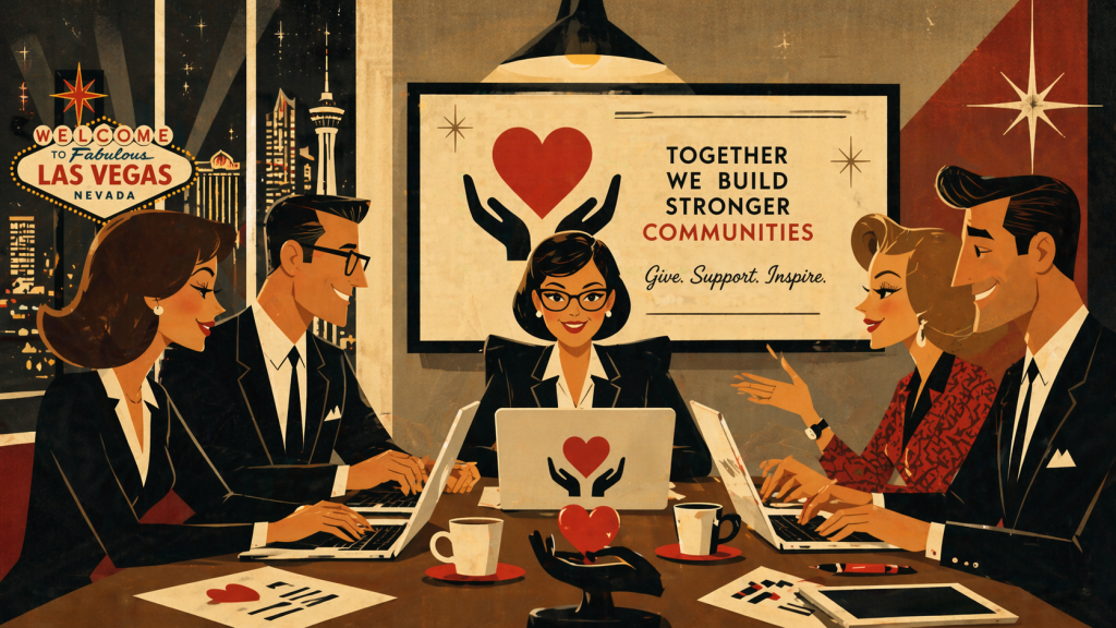 Retro illustration of a nonprofit team discussing outsourced IT strategy, with laptops, charity symbols, and a subtle Las Vegas skyline.