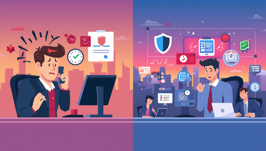 Cartoon comparison of break/fix IT support and managed IT services for a Las Vegas small business.
