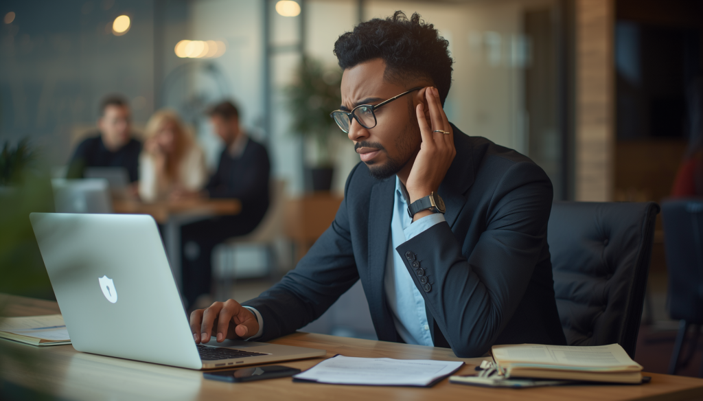 Professional services employee in Las Vegas frustrated by slow IT support while working on a laptop
