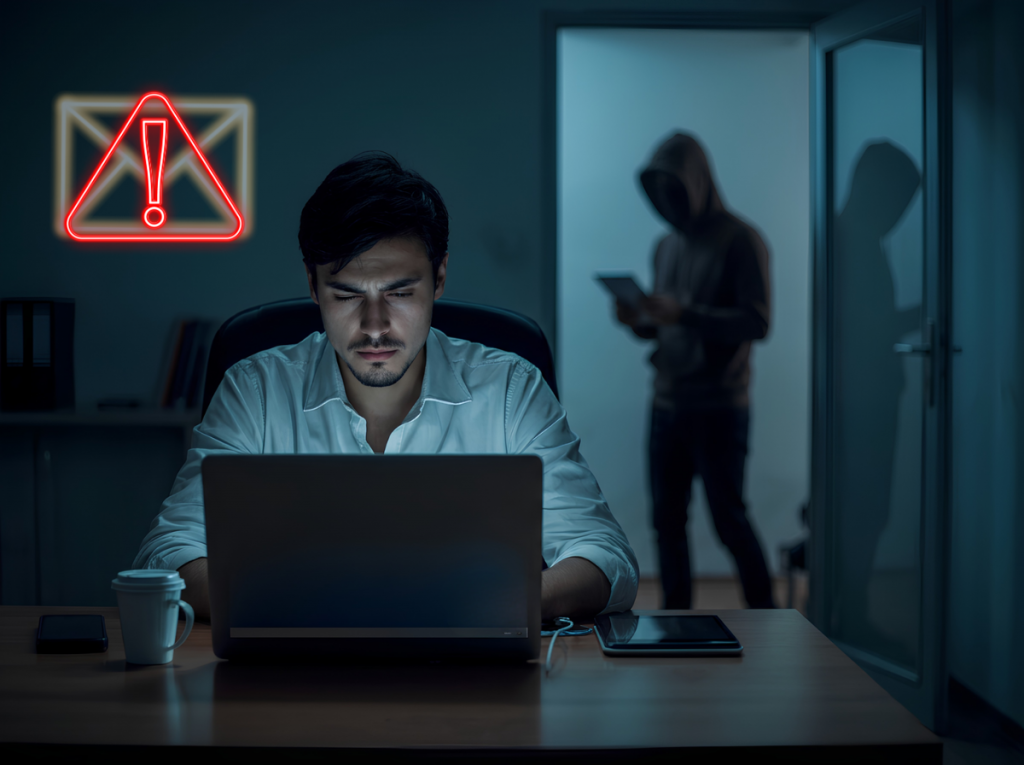 Small business owner receiving a cybersecurity warning while a hacker targets company data in the background