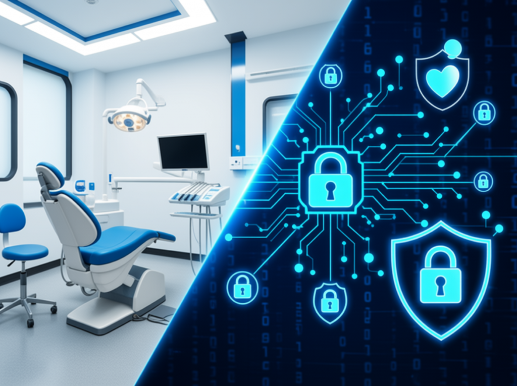 Dental office technology with cybersecurity locks protecting patient data and digital systems