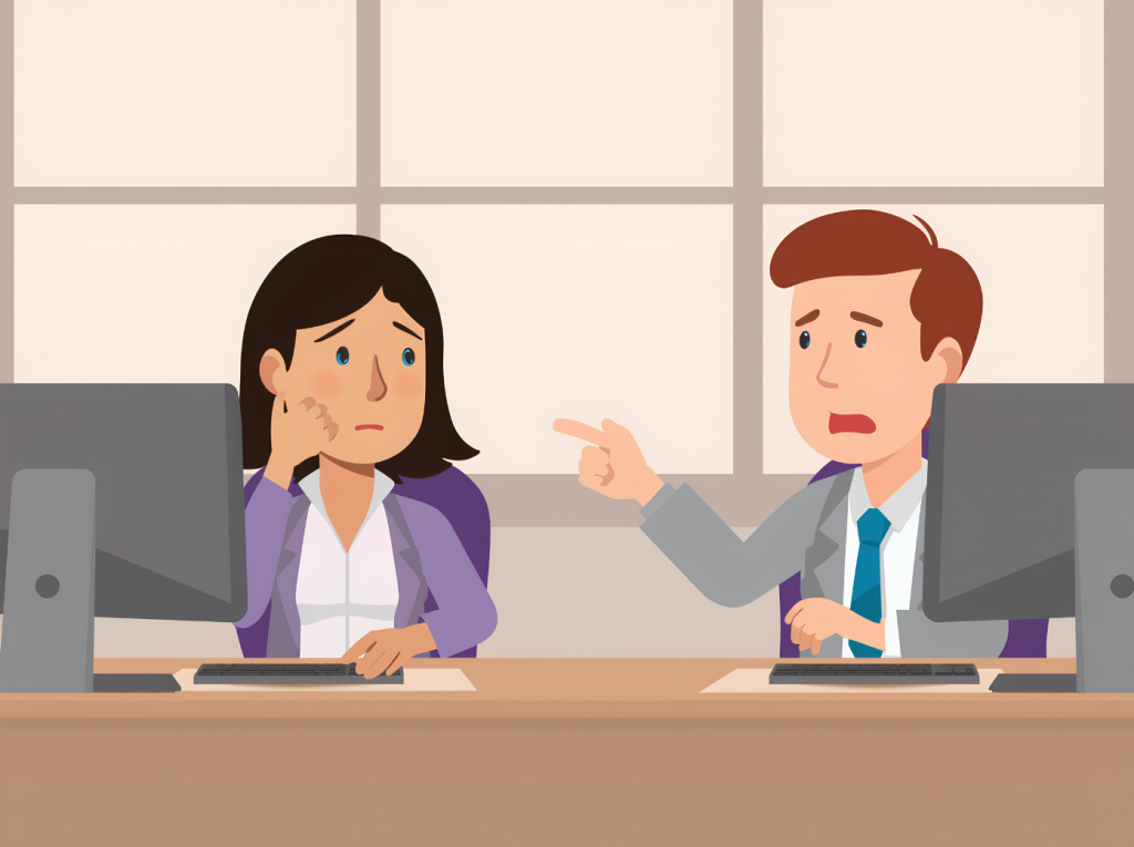 Illustration of two worried employees at office computers discussing a technology problem.