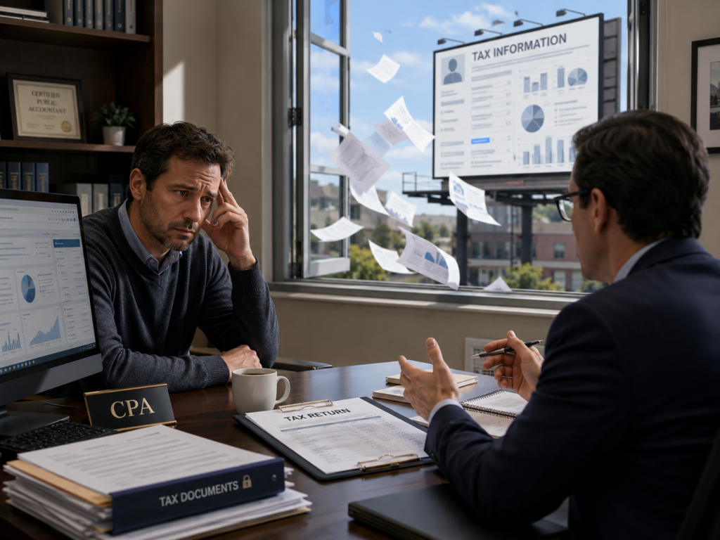 Concerned client meeting with a CPA as tax documents and financial data fly out an open office window, symbolizing unsecured private information.