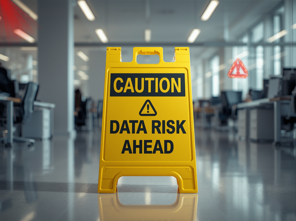 Yellow caution sign in a modern office warning “Data Risk Ahead,” representing cybersecurity as part of workplace safety.