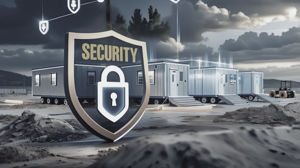 Cybersecurity shield and lock icon in front of construction job trailers, representing field office cybersecurity and secure jobsite data.