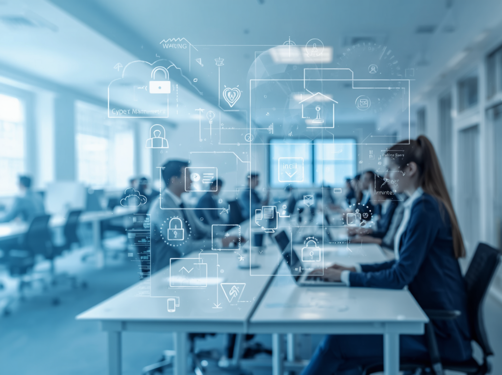 Business employees working in an office with cybersecurity icons showing cloud protection, access control, and network monitoring.