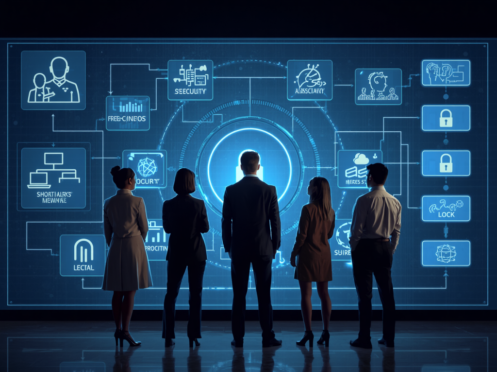 Business leaders reviewing an AI governance workflow with security controls, access permissions, and automation safeguards.