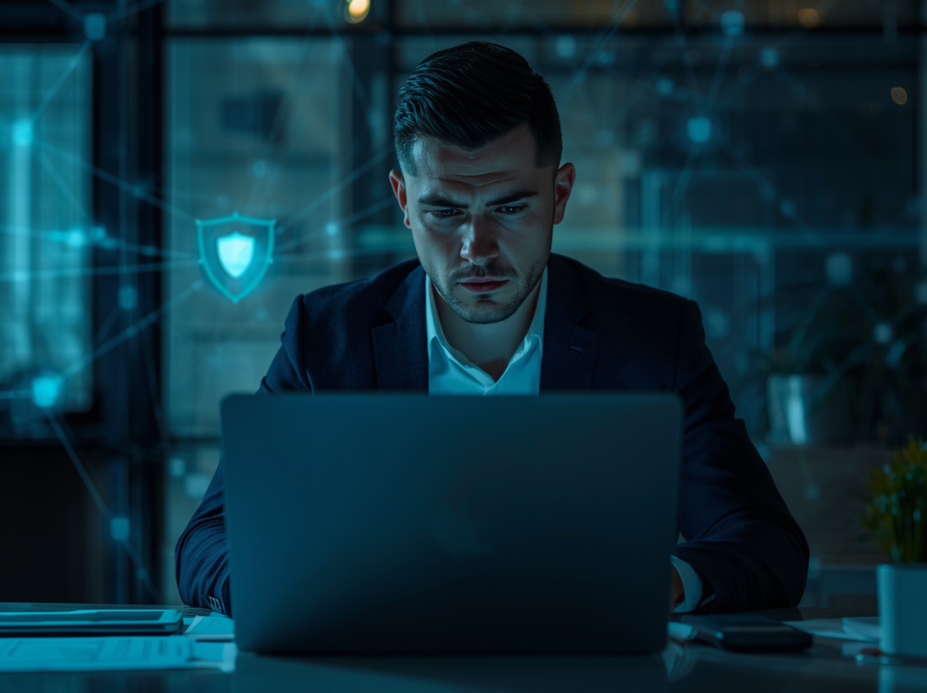 Business owner reviewing cyber security concerns on laptop in dark office with digital shield icon