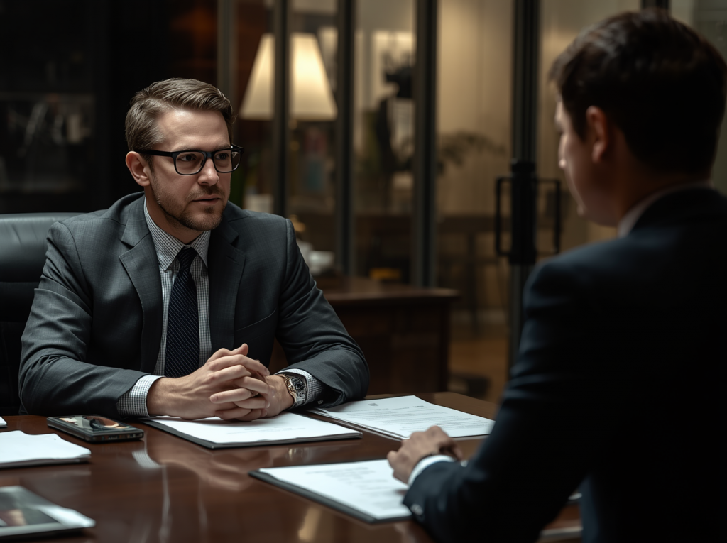 CPA and client discussing cybersecurity and data protection during an office meeting