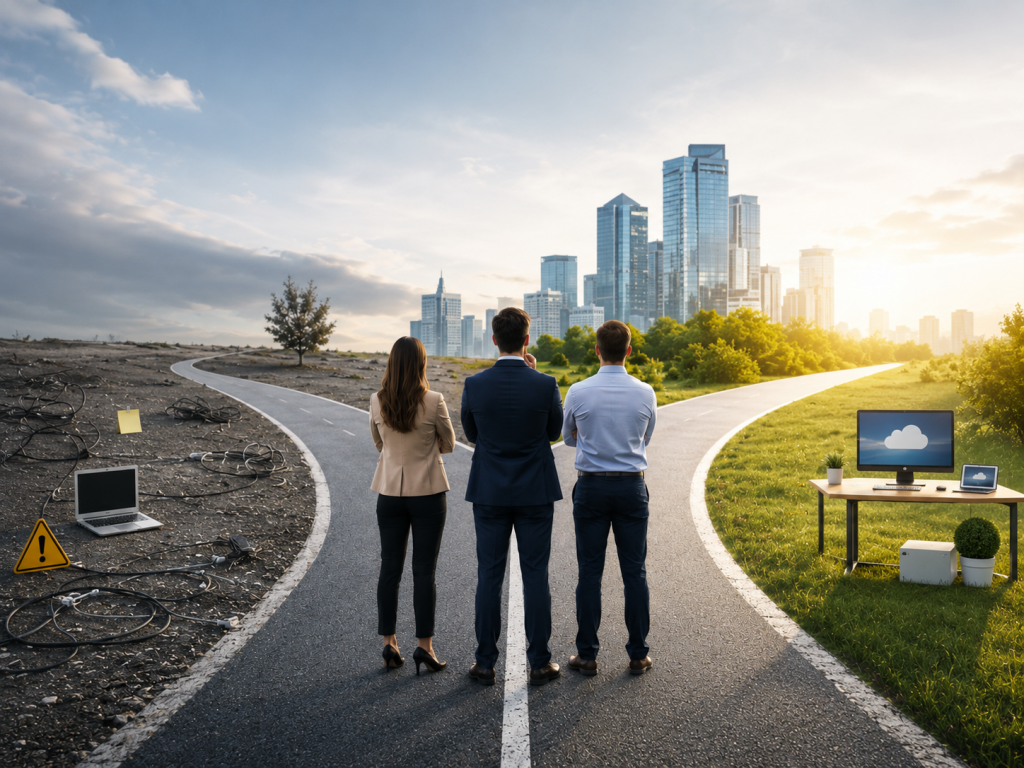 Three business professionals stand at a fork in the road, with outdated reactive IT on one side and a bright, organized path toward scalable IT on the other.