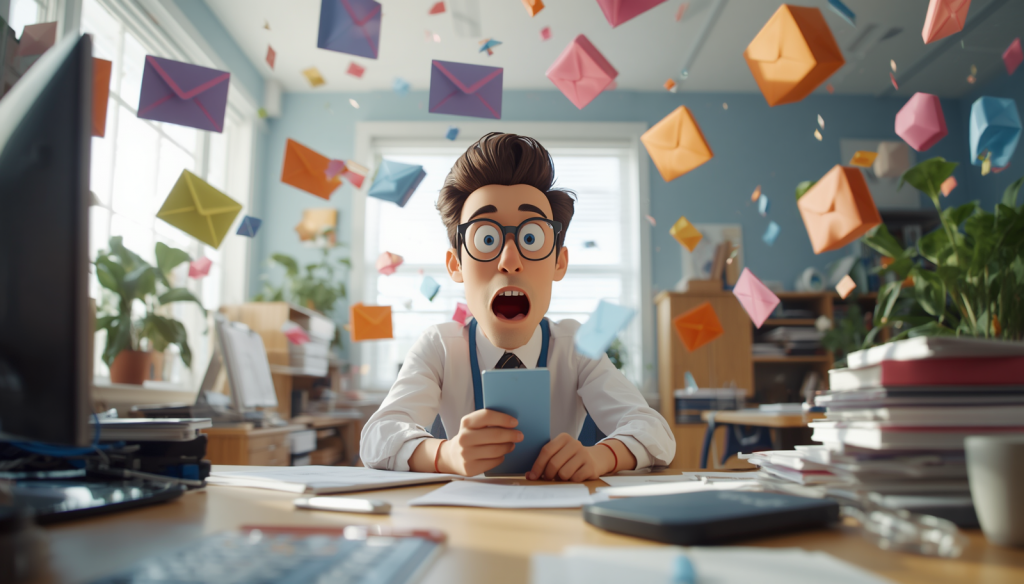 Business owner overwhelmed by email notifications while looking at a phone in a cluttered office.