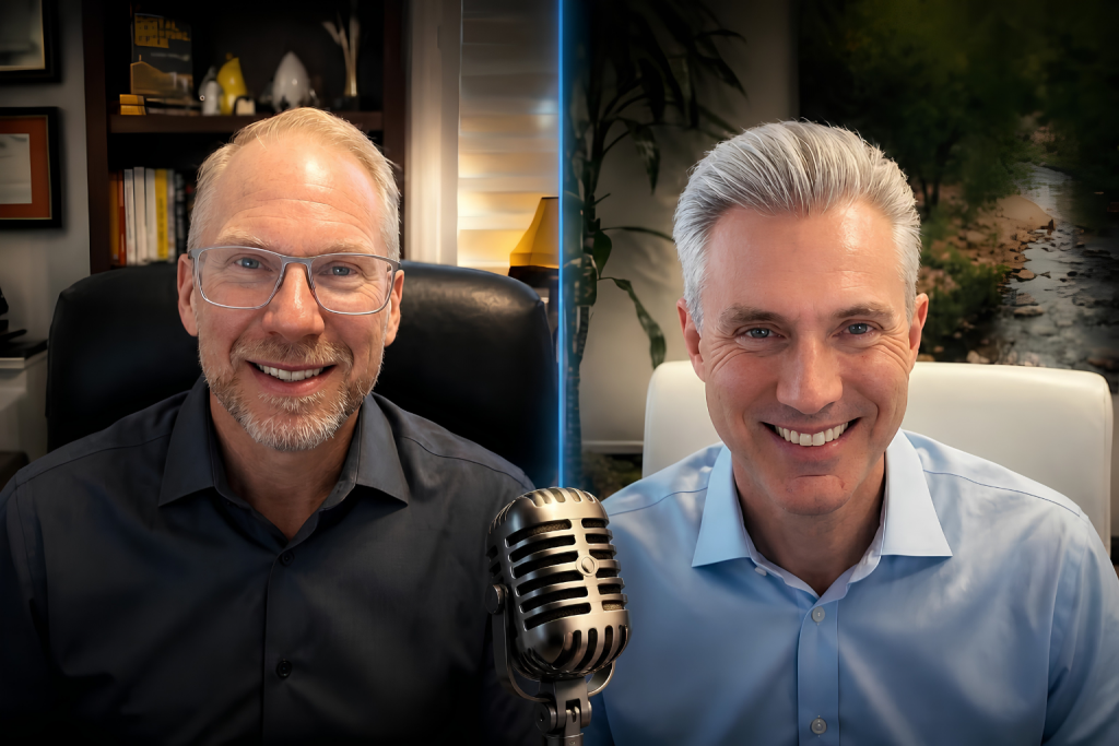 Nathan Whittacre and Adam Dawson recording a Stimulus Tech Talk podcast episode about business exit planning.