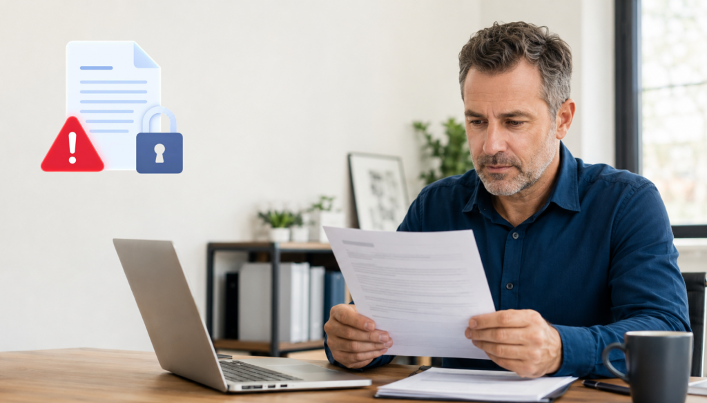 Business owner reading a data breach notice at his desk beside an open laptop, with warning and lock icons.