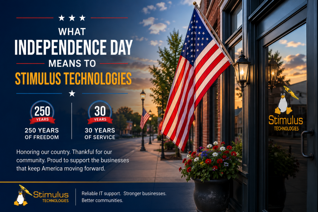 Patriotic Independence Day graphic for Stimulus Technologies with an American flag outside a small business, celebrating 250 years of freedom and 30 years of service.
