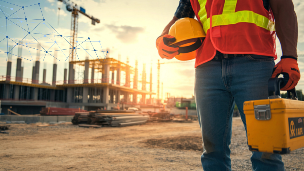 Construction worker at an active jobsite with a digital network overlay representing secure jobsite connectivity and construction IT support.